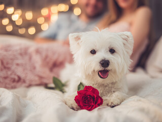 Happy cute dog at Valentine celebration party.