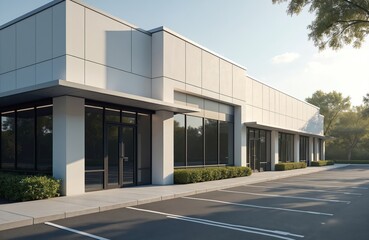 Obraz premium Modern commercial building exterior with large glass windows and aluminium panels. Empty parking lot in front of the store. Professional office space facade.