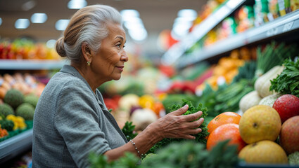 Elderly woman with gray hair choosing fresh produce in a grocery store aisle