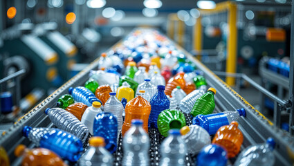 Plastic bottles moving on a conveyor belt in a manufacturing plant