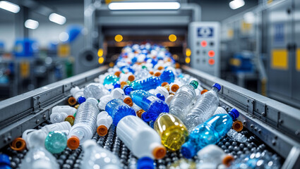 Plastic bottles moving on a conveyor belt at a recycling plant