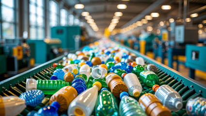 Plastic bottles moving on a conveyor belt at a recycling plant, industrial processing