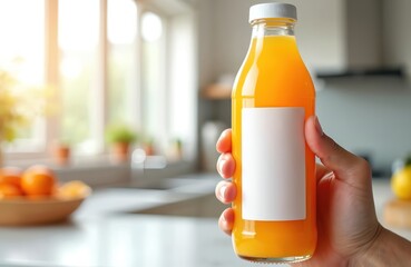 Hand holds glass bottle full of orange juice, blank label for custom text. Natural light enters window in modern kitchen. Fresh fruit beverage for healthy breakfast meal.