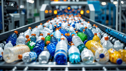 Plastic bottles on a conveyor belt in a recycling plant, ready for processing