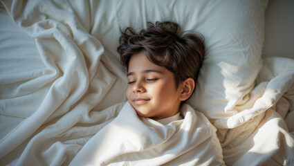 Peaceful young boy sleeping soundly in a cozy bed with soft sunlight streaming in