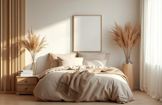 Minimalist bedroom with tidy bed, bedside table, flowers, blank picture frame. Natural light streams in, creating calm ambiance. Neutral colors create serene resting space, perfect for hotels homes.