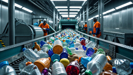 Plastic bottles on a conveyor belt at a recycling plant, workers in background