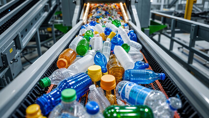 Plastic bottles on a conveyor belt at a recycling plant, ready for processing