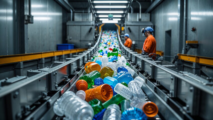 Plastic bottles on conveyor belt at recycling plant with workers in background
