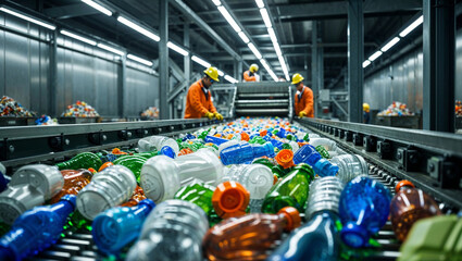 Workers in a recycling plant sort plastic bottles on a conveyor belt for processing