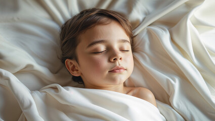 Peaceful young boy sleeping soundly in soft white bedding, serene childhood slumber