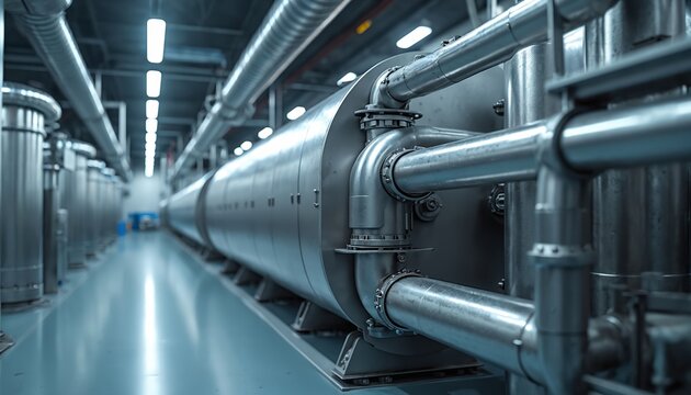 Industrial clean room ventilation system with large pipes and filtration units. Large machinery complex inside modern factory production hall. Building environment.