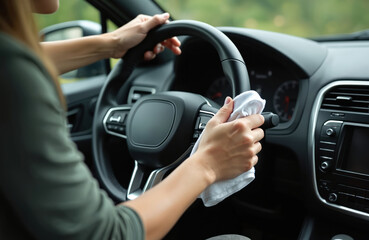 Person wipes car steering wheel with white cloth. Driver maintains interior cleanliness after drive. Focuses on hygiene, neatness, responsible auto care.