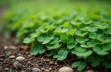 Fototapeta premium Green clover plants sprout from soil. Small leaves form carpet texture on ground. Rich natural growth in spring meadow. Close-up macro view of fresh foliage.