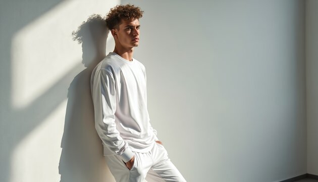 Young man with curly hair wears white athleisure outfit. Stands relaxed leaning against wall with hands in pockets. Natural light creates soft shadows on the wall behind him.