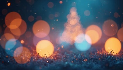 Naklejka premium Christmas tree silhouette with warm bokeh lights. Festive scene with sparkling fir branches and glowing orbs. Winter holiday magic atmosphere.