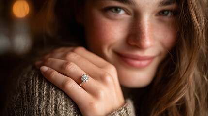 A joyful young woman displays her sparkling engagement ring, radiating warmth and happiness, with soft lighting enhancing her natural beauty.