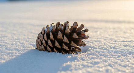 Pine cone resting on white snow in winter sunlight