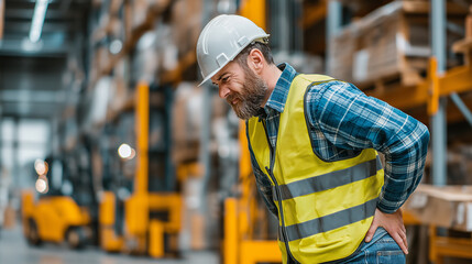 A warehouse worker in a hard hat and reflective vest grimaces in pain, holding his lower back, highlighting the risks of manual labor in industrial settings.