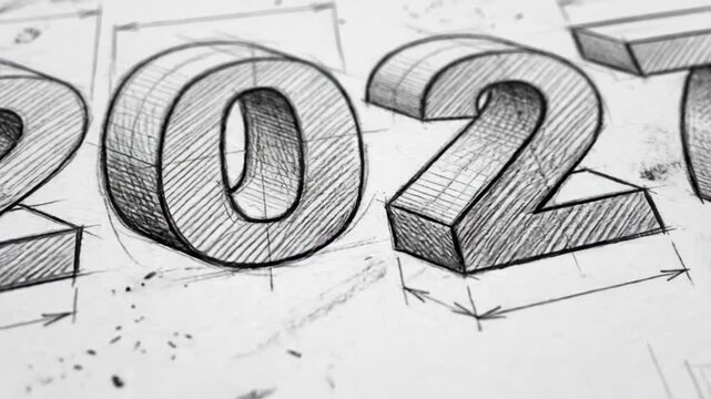 Detailed pencil sketch of 2027 year number in three dimensional block letters on technical grid paper representing future planning and new year vision and architectural design