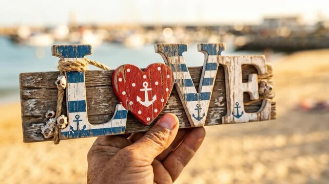 Hand holding wooden love sign with anchor symbol and blue stripes on sandy beach with boats background representing summer romance and nautical vacation theme