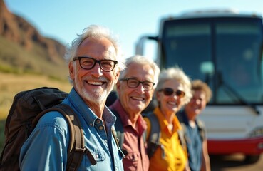 Elderly friends with backpacks smile near tour bus. Mature travelers begin road trip, enjoy summer holiday vacation, active aging adventure. Seniors explore country, happy trip.