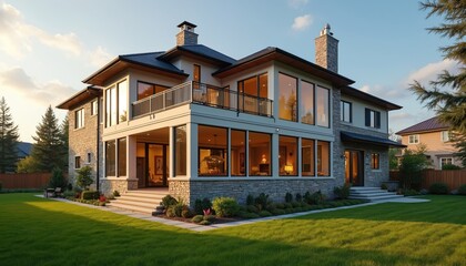 Large modern house with stone accents, expansive windows. Features screened porch for outdoor living. Well manicured lawn surrounds luxurious property. Suburban home with elegant architecture, resort