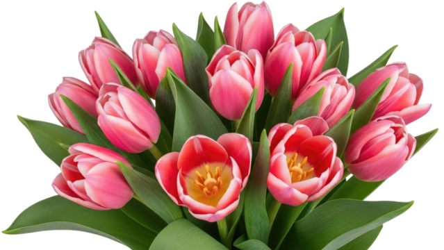 A bouquet of delicate pink tulips with green stems and leaves isolated on a transparent background. A gift for spring seasonal holidays. Mother's Day, Women's Day, Valentine's Day - Powered by Adobe