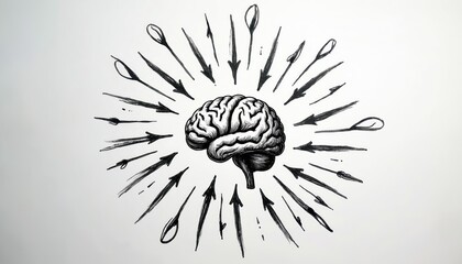 Human brain sketch with arrows pointing inwards. Concept of thought process, ideas, and learning. Mental activity, cognition, and decision making.