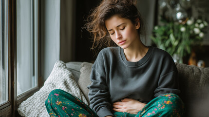 A young woman sits on a couch, her expression reflecting discomfort as she holds her stomach. The room is softly lit with a cozy, relaxed atmosphere.