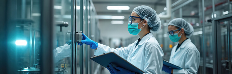 Two women in lab coats, masks and hairnets inspect machinery on a production line. They hold clipboards, checking equipment during manufacturing process. Industrial clean room setting.
