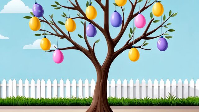 Vibrant easter eggs growing on tree branches against blue sky and white fence