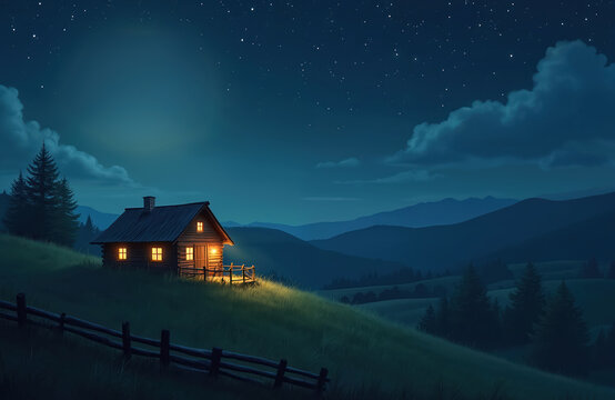 Small wooden cabin rests on grassy hill under starry sky. Warm light shines from windows, casting glow on porch. Distant mountains and dark forest complete serene night landscape. - Powered by Adobe