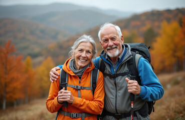 Happy senior couple wearing backpacks enjoys autumn hike in forest. Active elderly man and woman smile during outdoor adventure, using hiking poles. Retirement lifestyle.