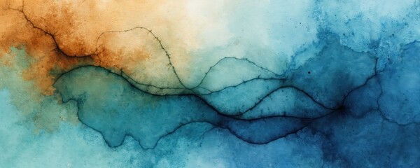 Obraz premium Abstract watercolor pattern with blue and orange hues and cracked texture. Organic shapes form flowing lines resembling rivers or veins. Color blend creates moody atmospheric effect.