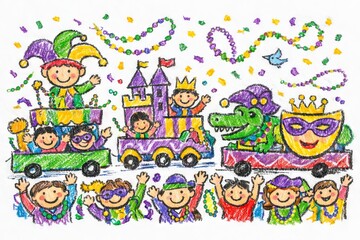 Fototapeta premium Crayon illustration of mardi gras parade with colorful floats and festive crowds celebrating in vibrant atmosphere. concept of carnival, celebration, festivity