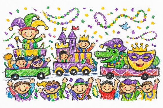 Crayon illustration of mardi gras parade with colorful floats and festive crowds celebrating in vibrant atmosphere. concept of carnival, celebration, festivity