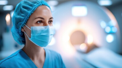 A healthcare professional in scrubs and a surgical cap, wearing a mask, stands in a medical facility, focused and prepared for patient care.