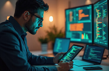 Man works on tablet with code, computer screens show data analysis. Programmer in modern office uses tech for digital software development. Focused coder plans business strategy, analyzes info,