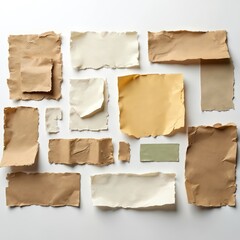 Fototapeta premium Various torn paper pieces, blank labels in earth tones, cream shades artfully arranged on clean white background. Textured collection offers versatile design elements for crafting vintage projects