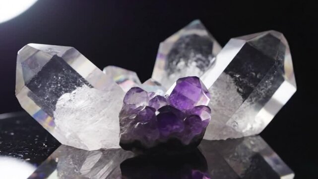 Close-up of a purple crystal nestled among clear crystals on a reflective surface against a dark background with dramatic lighting.