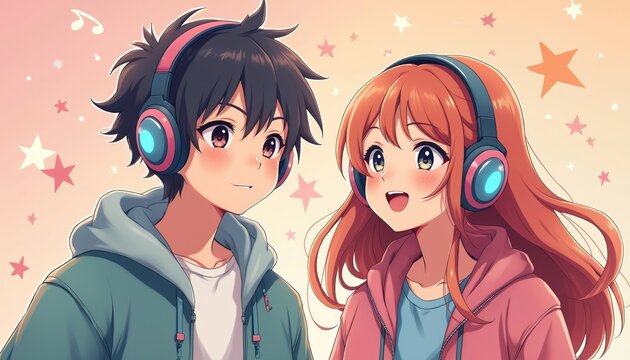 Anime boy and girl teenagers share headphones listening to music. Young couple enjoys song together, smiling with eyes closed. Relaxing chill vibe with stars and notes floating.