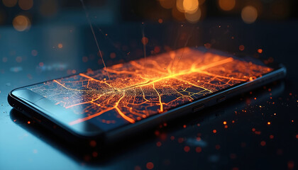 Broken smartphone screen displays glowing city map with illuminated streets and buildings. This device shows digital navigation data overlay. Mobile tech concept.