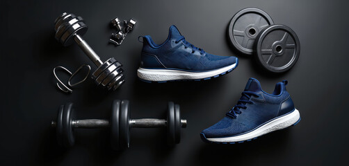 Pair of blue sneakers rest near dumbbells and weight plates on dark surface. Shiny chrome metal barbells and exercise weights. Ready for workout session in gym.
