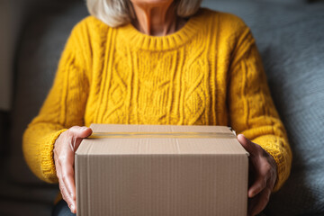 Online shopping concept, happy woman unboxing package at home, delivery service satisfaction