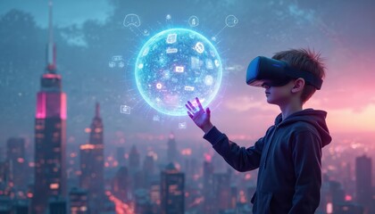Child wears VR headset interacting with glowing digital sphere over futuristic cityscape. Future technology, virtual reality, metaverse, immersion, online world. Future metaverse online experience.