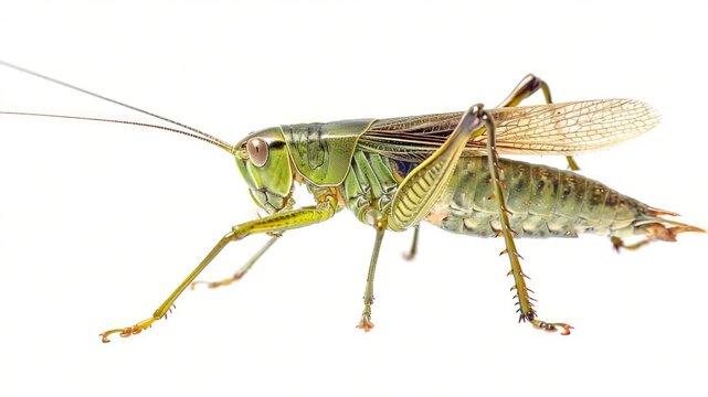 Video A single green grasshopper sitting on a white background, perfect for and design projects