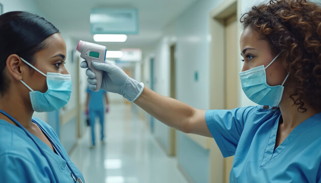 Nurse checks patient temperature with non contact thermometer in hospital hallway. Both wear medical masks and blue scrubs. Safety protocol during pandemic.