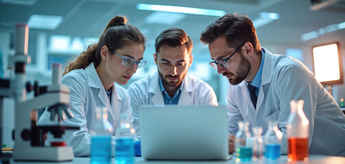 Three scientists in white lab coats gather around laptop discussing research data. In modern laboratory setting with microscopes, chemical beakers visible. Teamwork, analysis drive scientific