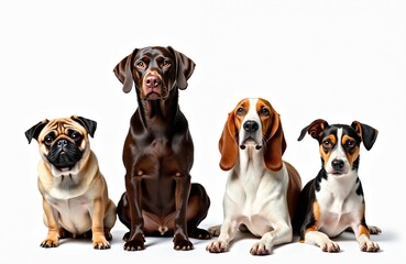 Group of four senior dogs of different breeds sit together on a white studio background. A pug, chocolate lab, beagle, and terrier mix pose looking towards the camera. Companionship theme.